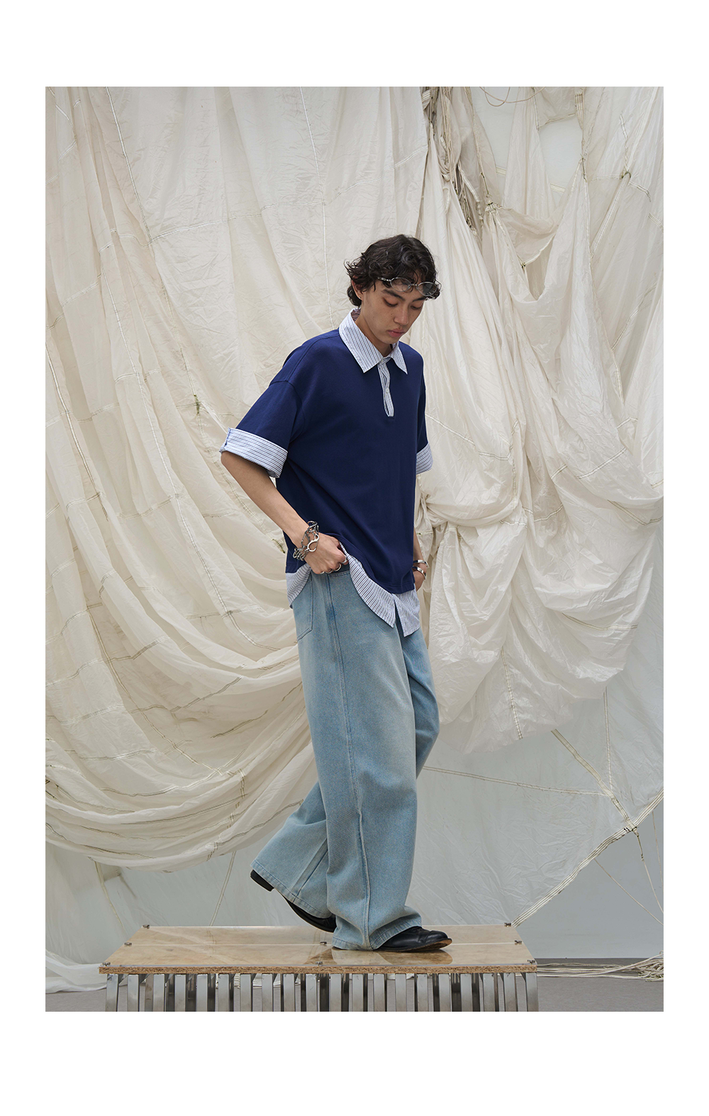 Washed Semi-Zip Relaxed Straight Leather-Patch Jeans