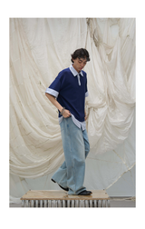 Washed Semi-Zip Relaxed Straight Leather-Patch Jeans