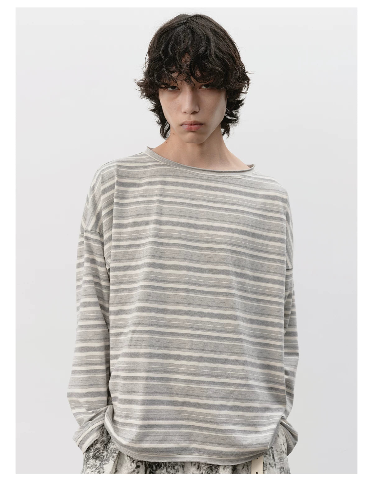 Striped Roll Cuff Drop Shoulder Top