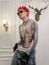 Angel Oil Print Mesh Long Sleeve