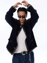 Wool Blend Navy Blue Tweed Coat