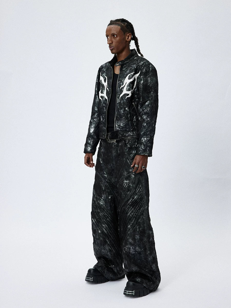 American Printed Pleated Leather Biker Jacket