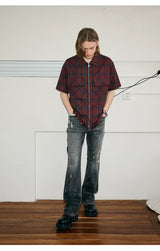 Men's Frayed Plaid Zip Short-sleeved Shirt
