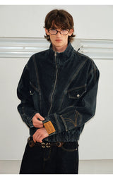 Men's Washed Denim Stand Collar Jacket