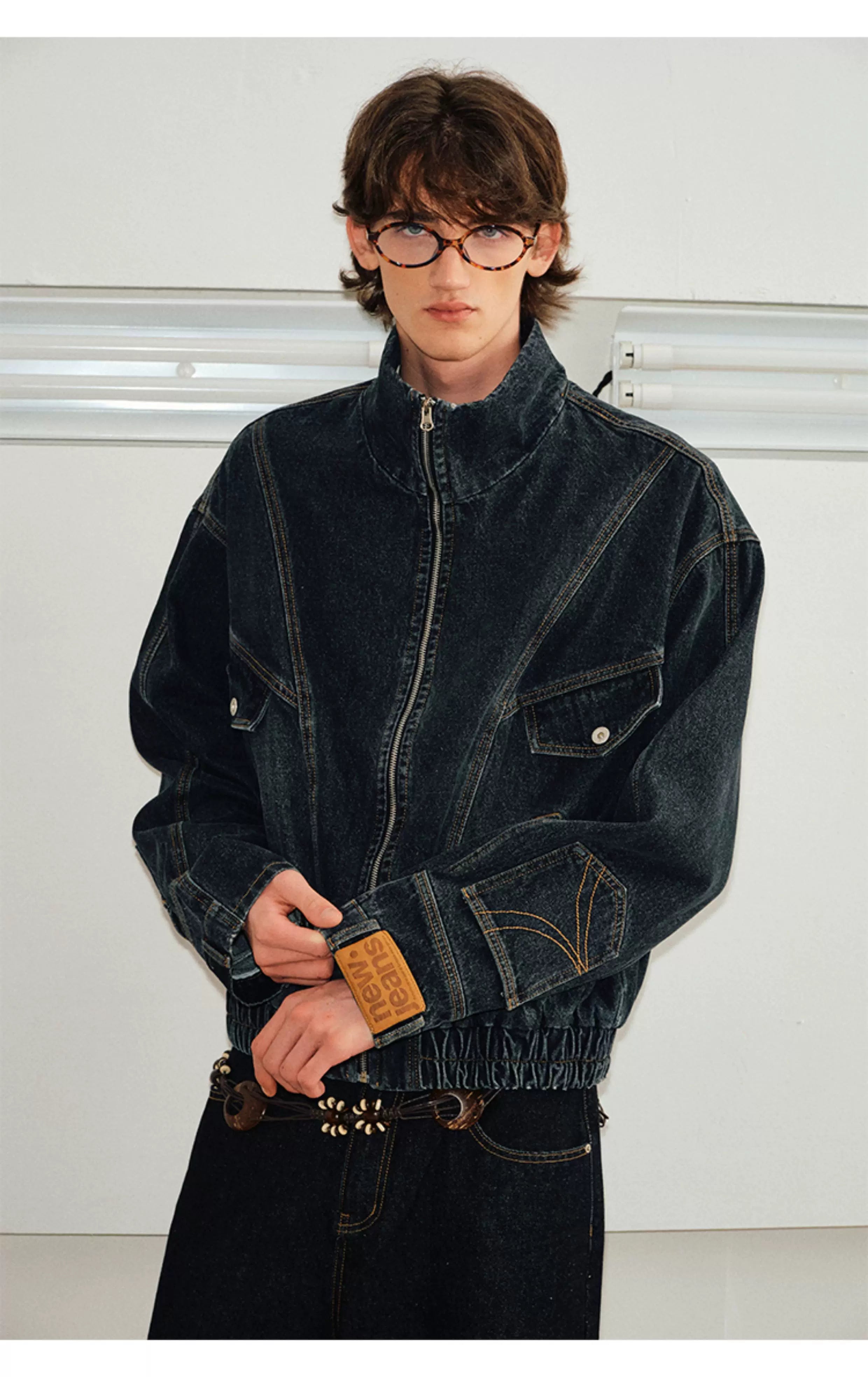 Men's Washed Denim Stand Collar Jacket