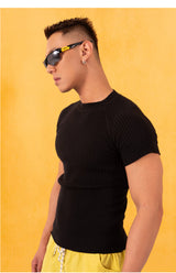Men's Black Striped Knit Raglan Tee