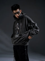 Loose Distressed Dark Metallic Print Sweatshirt