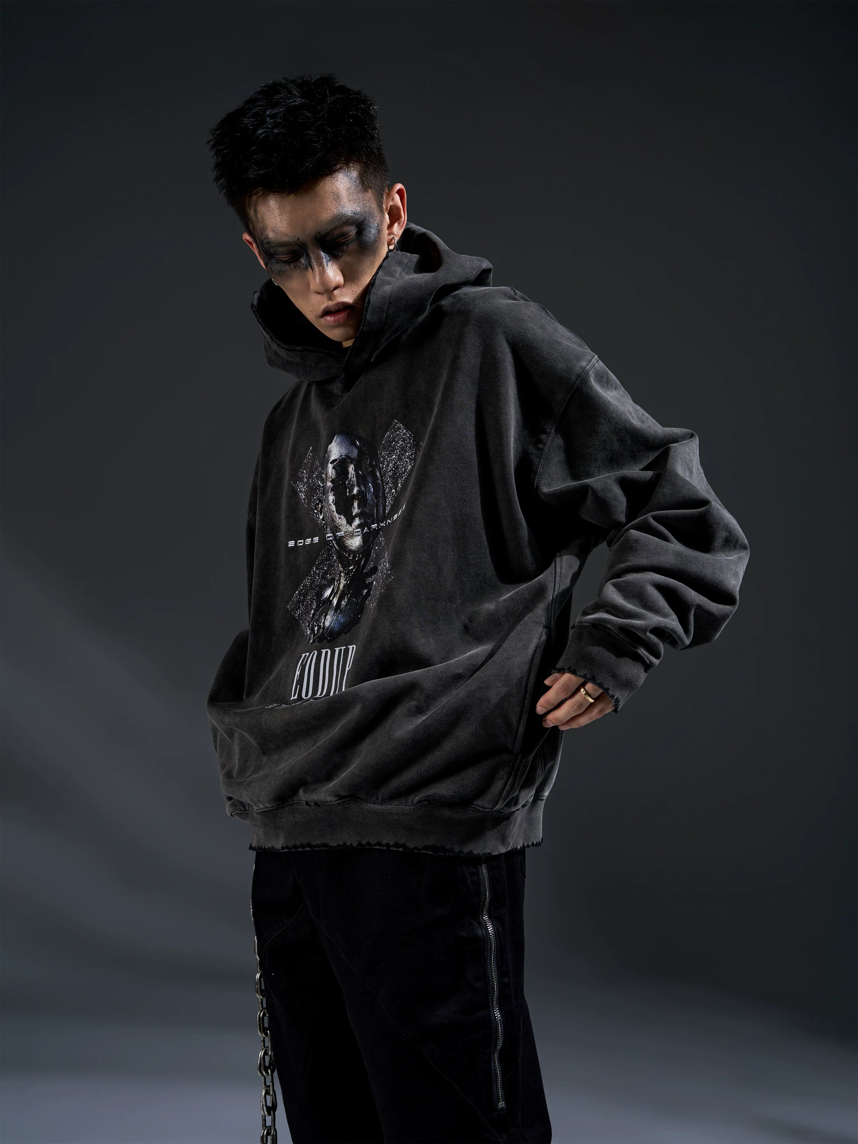 Loose Distressed Dark Metallic Print Sweatshirt