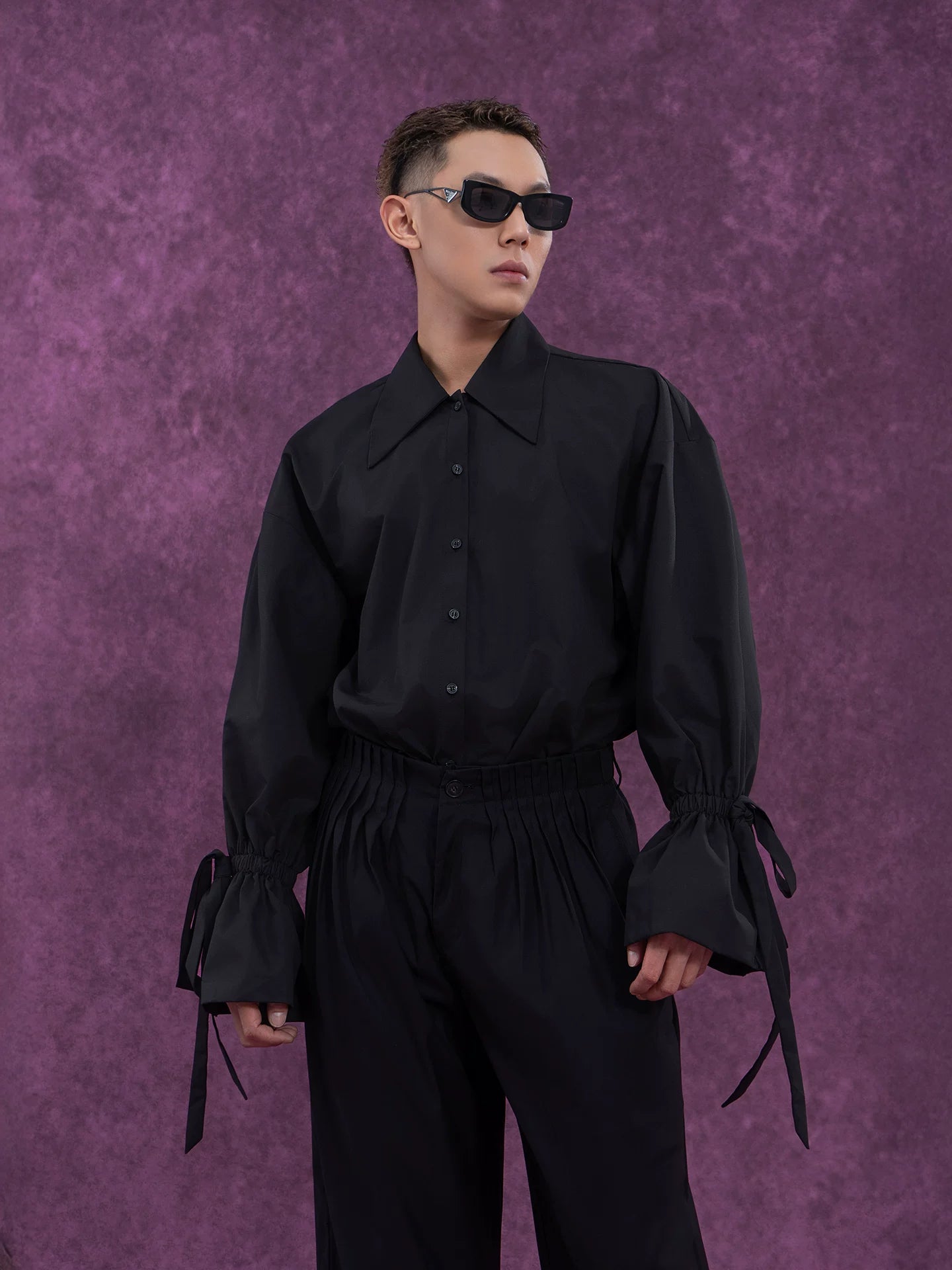 Men's Long-Sleeve Black-and-White Ruffled Sash Shirt