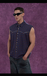 Men's Plaid Striped Patchwork Rivet Vest