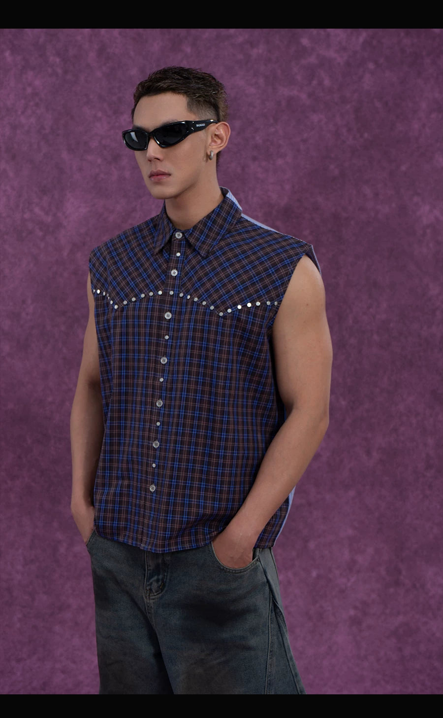Men's Plaid Striped Patchwork Rivet Vest
