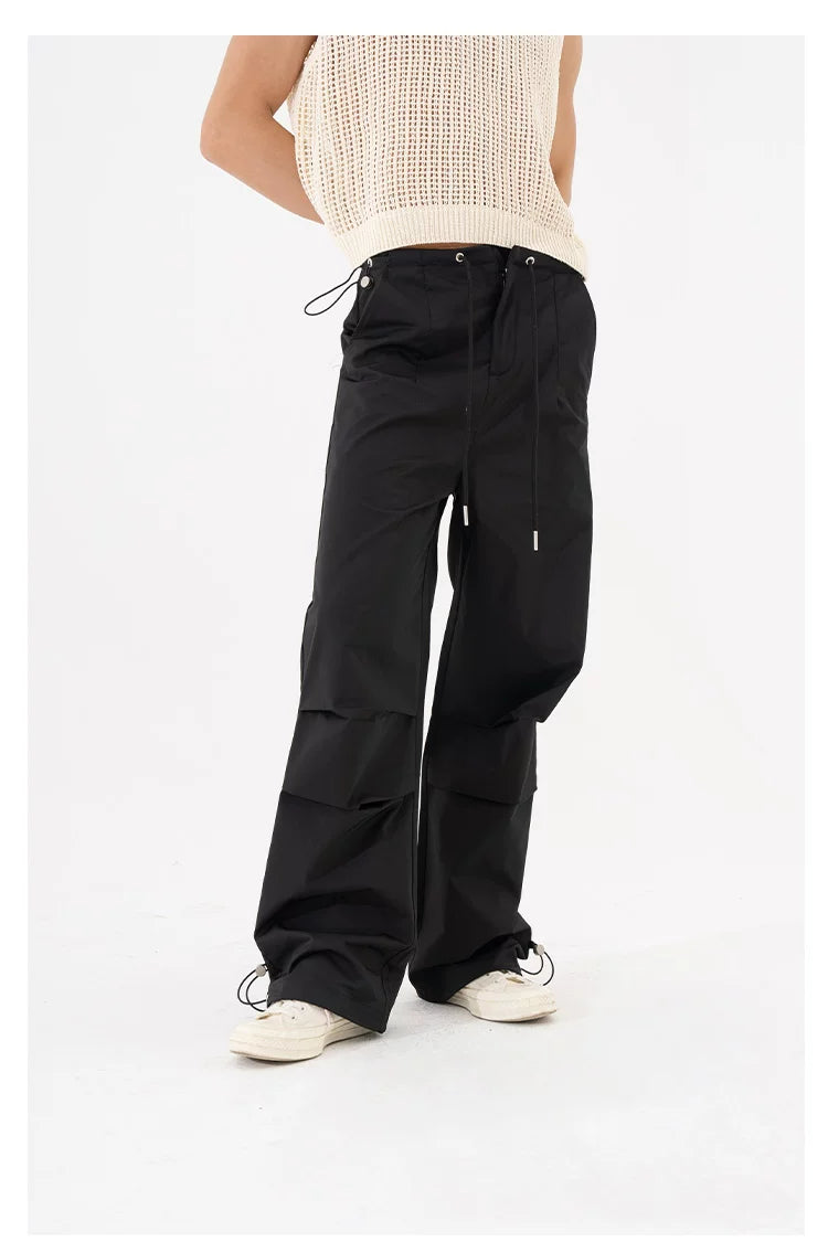Black Khaki Drawstring Wide Leg Pants