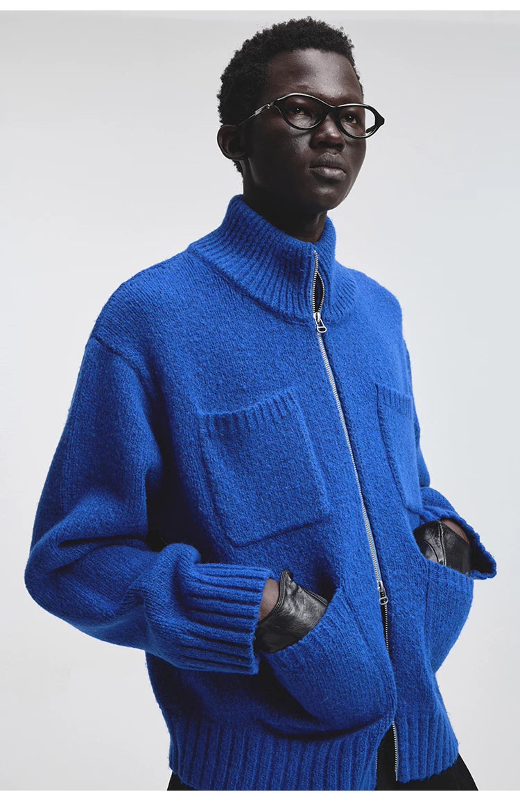 Alpaca Blend Multi-Pocket Zip Turtleneck Cardigan