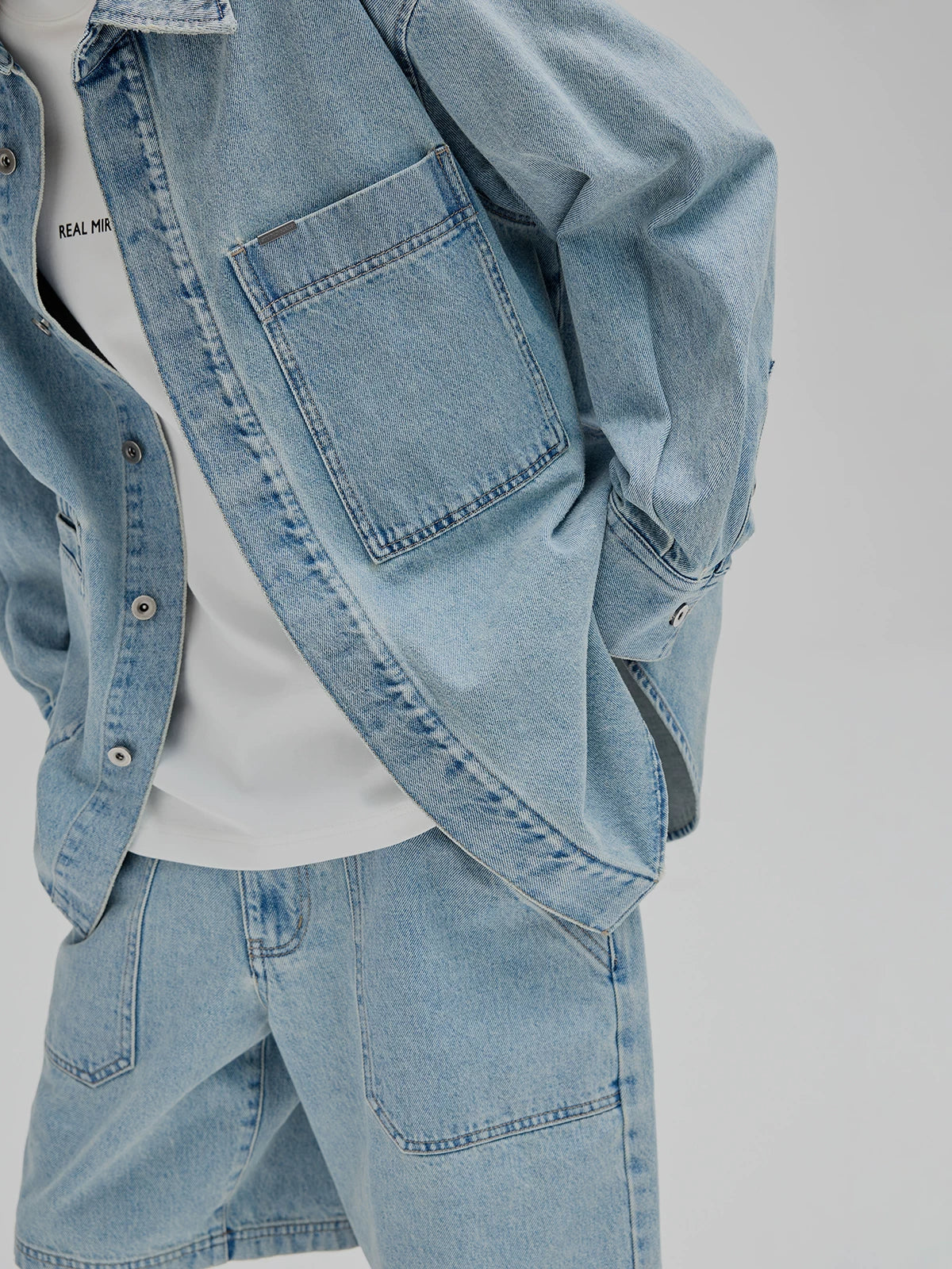 14Oz Washed Denim Asymmetric-Pocket Shirt Jacket