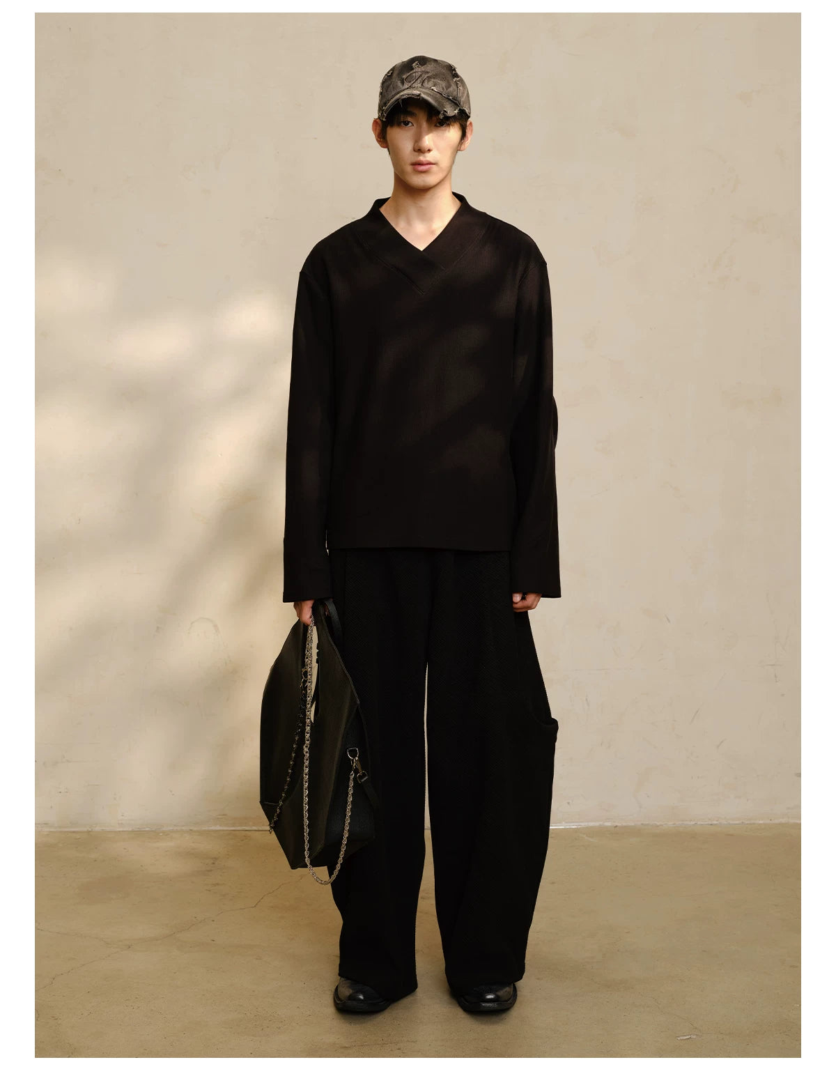 Textured Cropped Structured Cross-Collar Long-Sleeve Tops