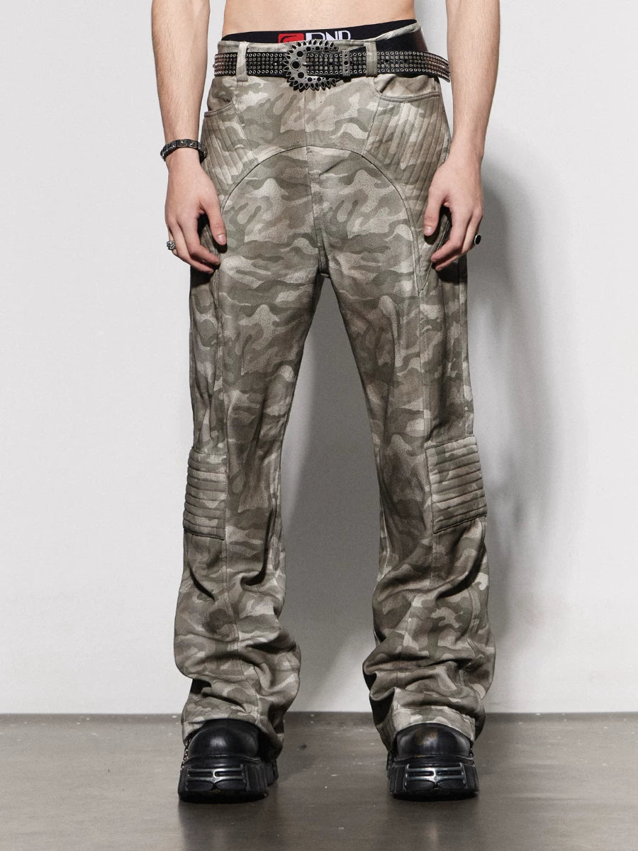 Rugged Distressed Camo Flare Cargo Pants