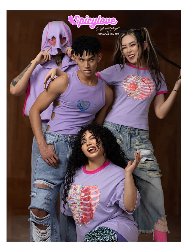 Slim Purple Heart Skeleton Rhinestone Tee