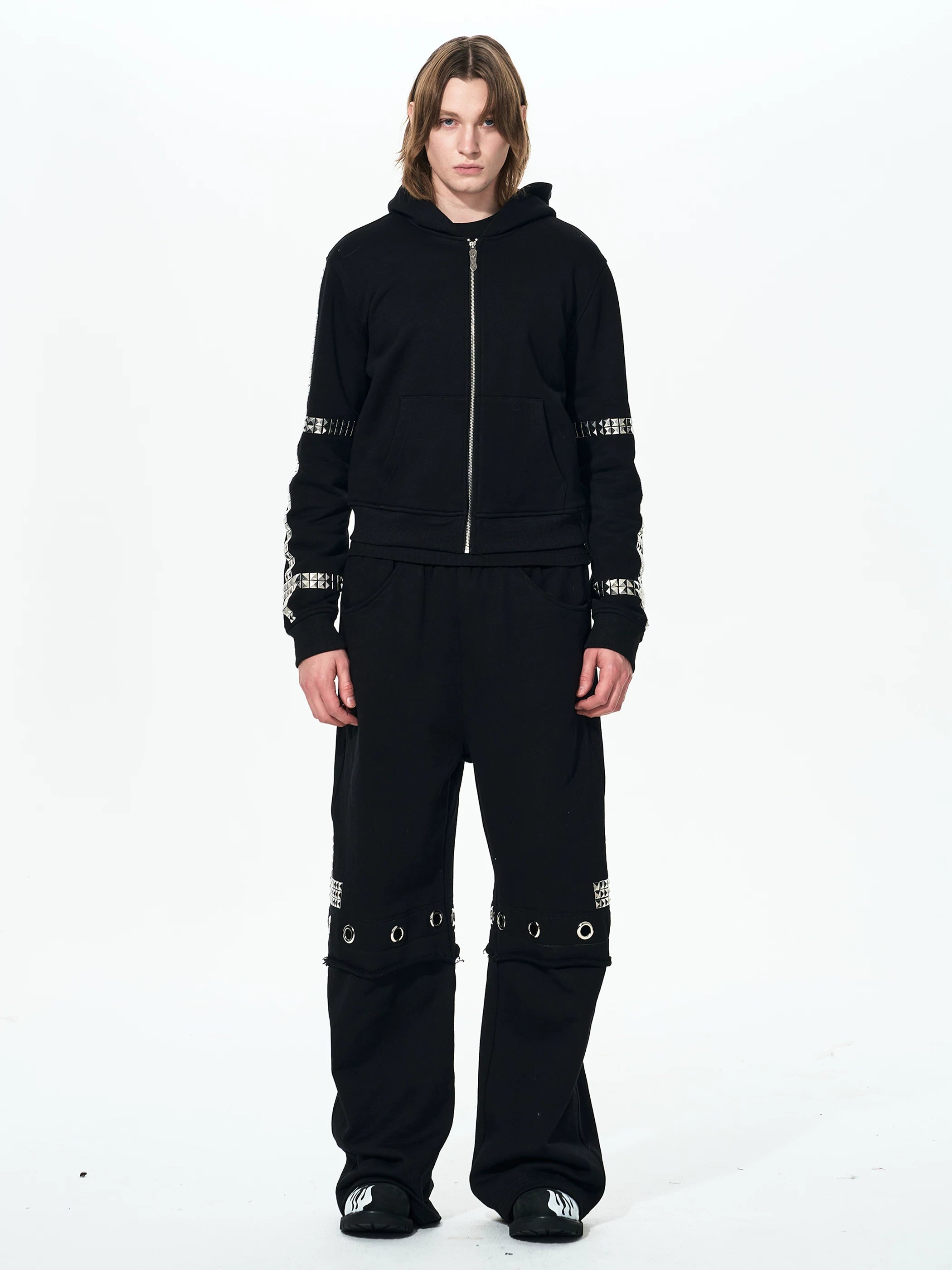 Men's Black Straight Two-In-One Riveted Sweatpants