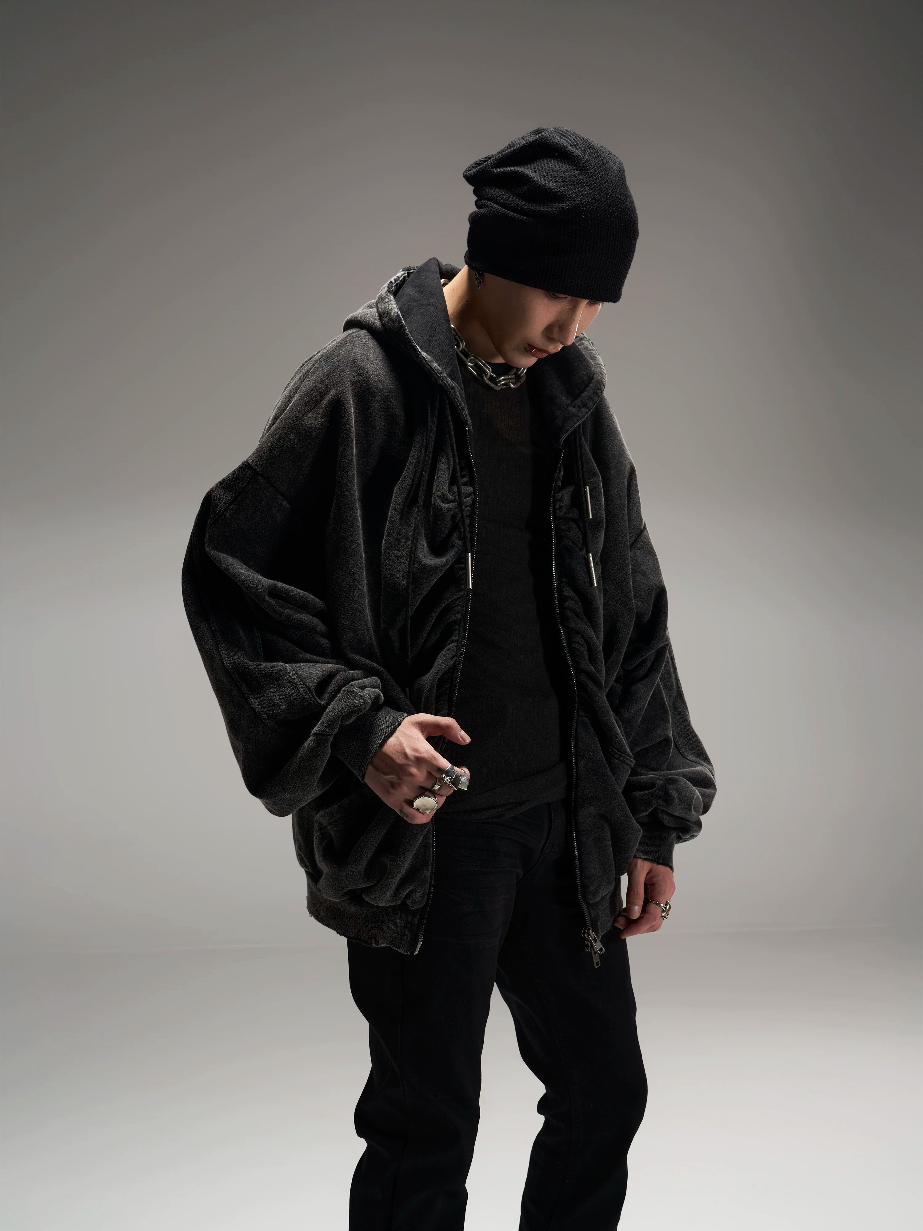 Black Loose Patchwork Zip Hoodie