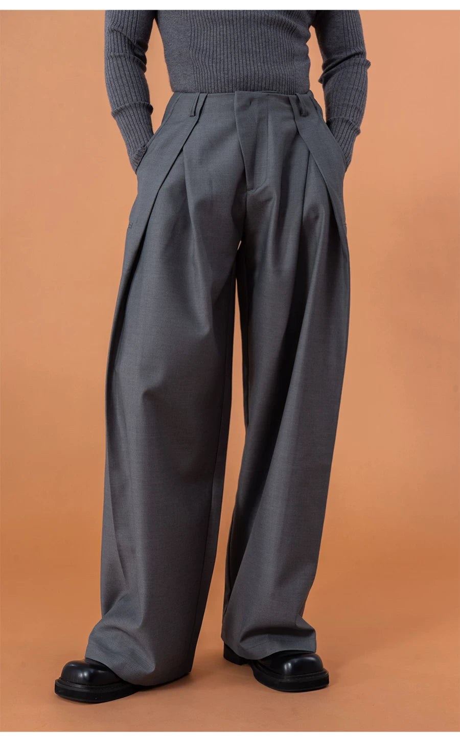 Charcoal Pleated Wide Leg Casual Pants