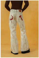 Men's Vintage White Sickle-Print Flare Jeans