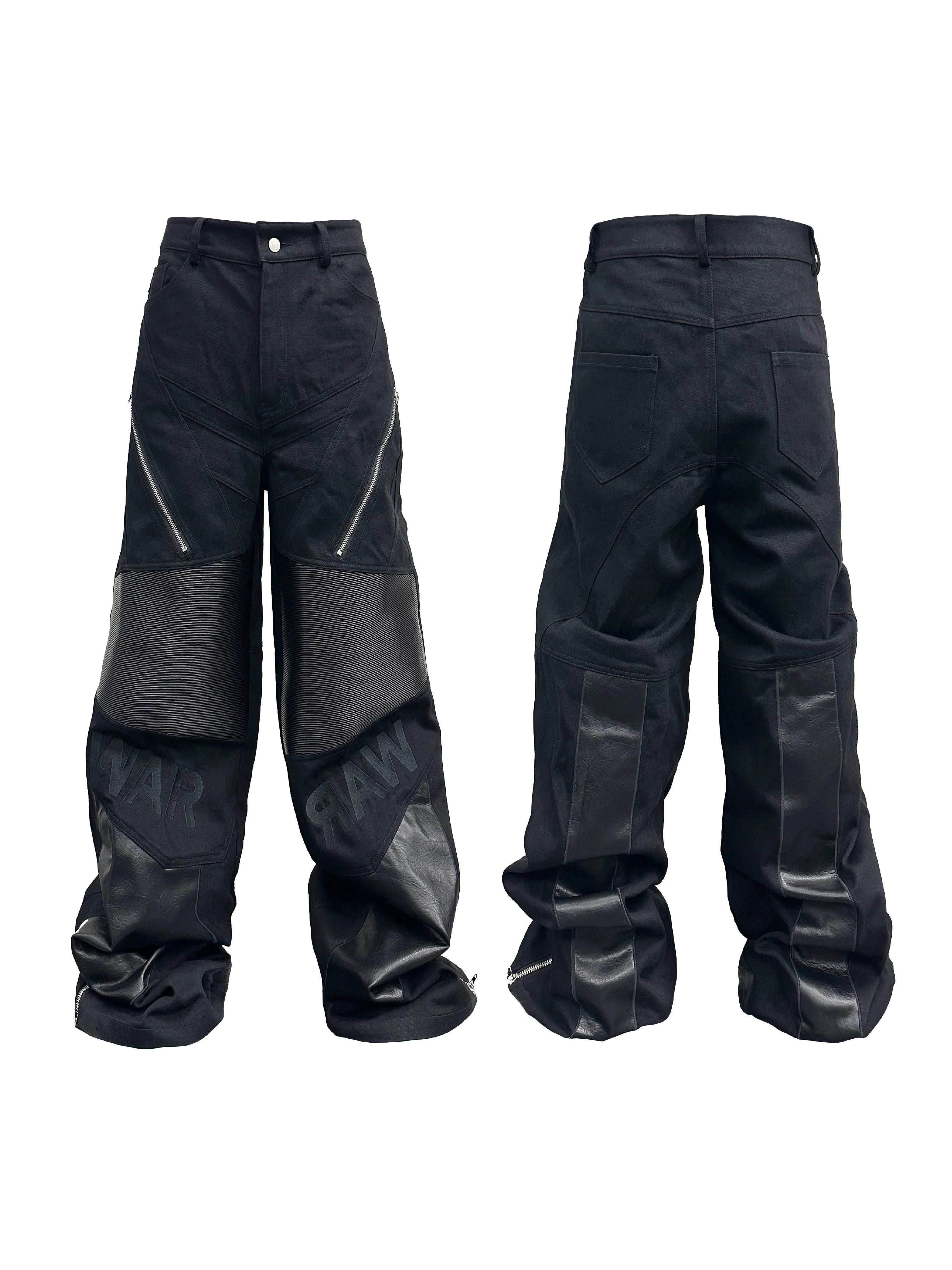 Loose Black Zippered Leather Biker Pants
