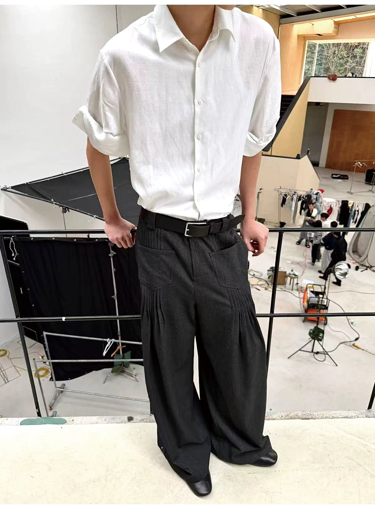 Pleated Twill Wide Leg Casual Pants