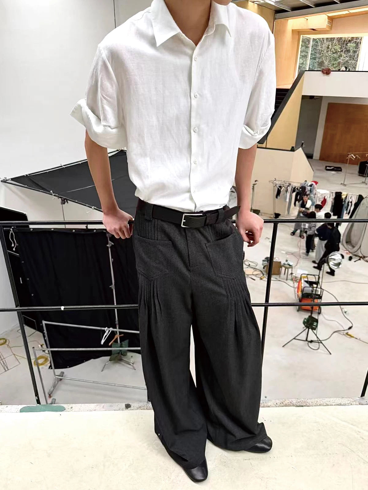 Pleated Twill Wide Leg Casual Pants
