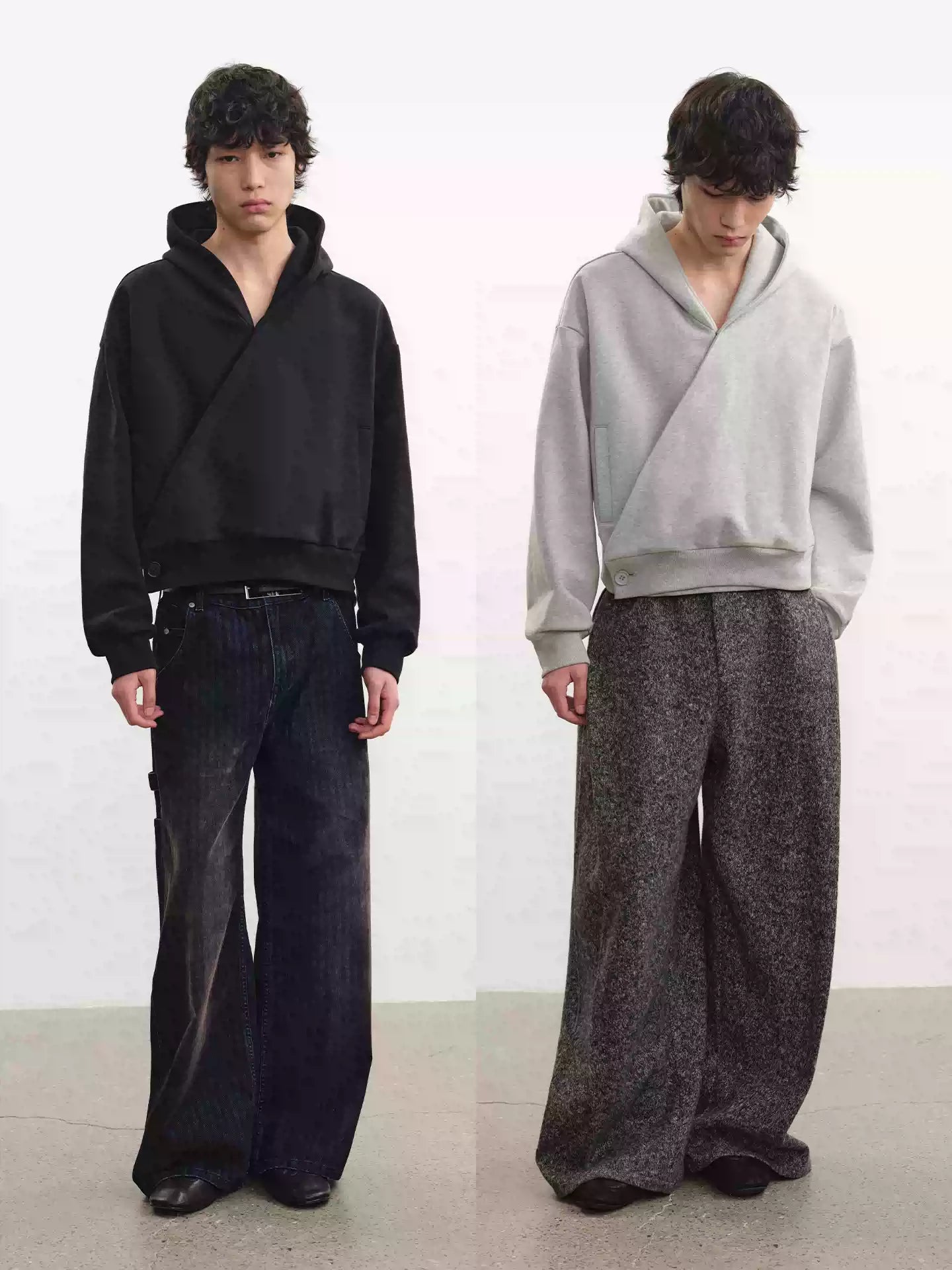 Relaxed Double Button Cross Neck Hoodie