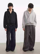 Relaxed Double Button Cross Neck Hoodie