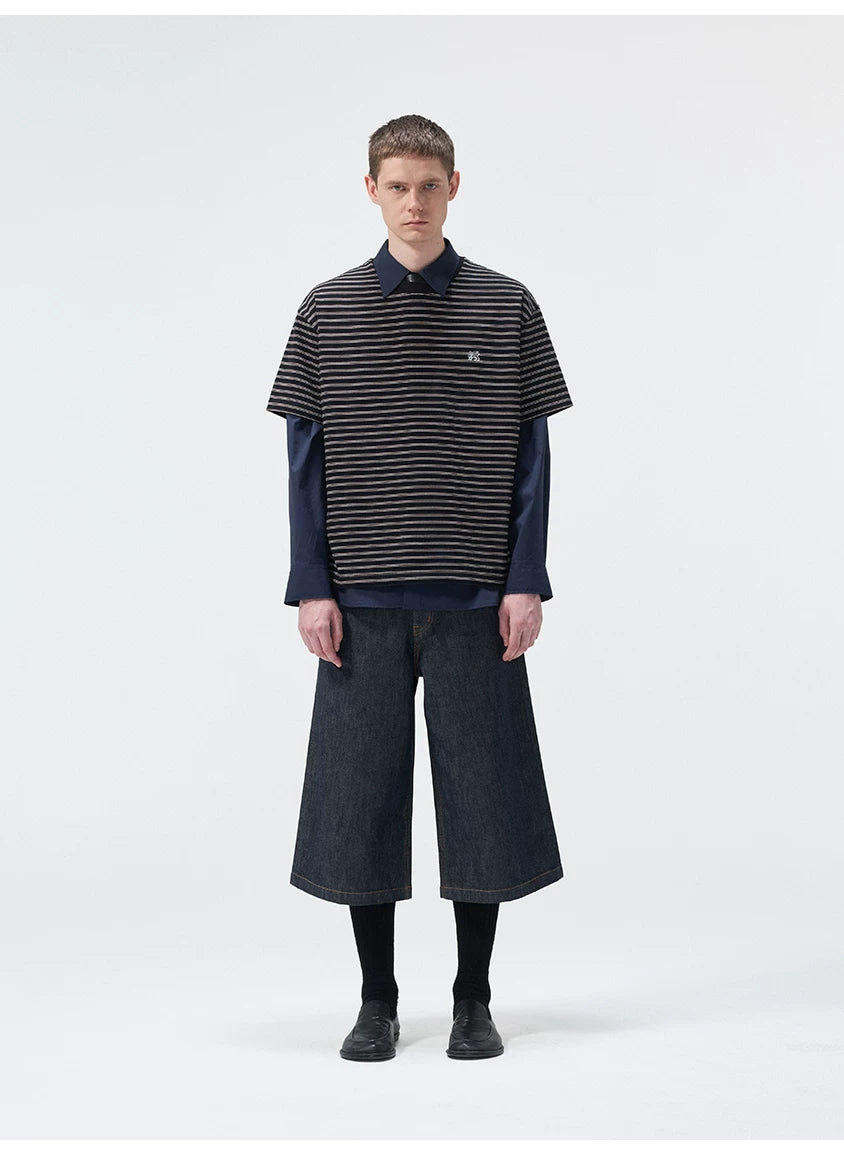 Short Sleeve Striped Embroidered Cotton Tee
