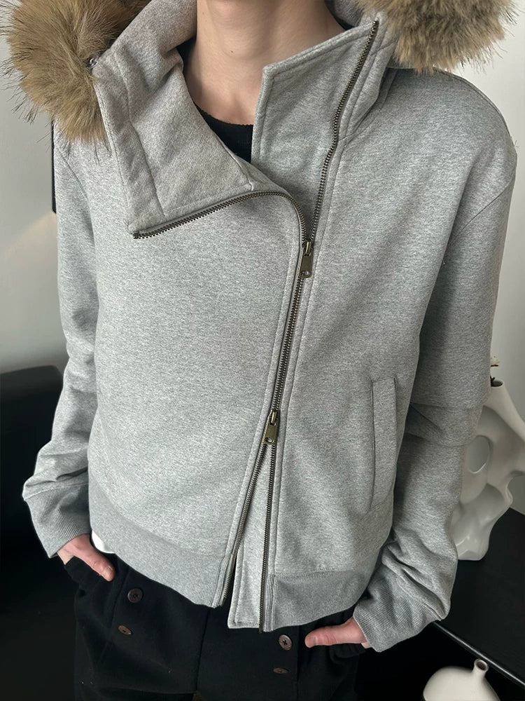 Detachable Fur Collar Slant Zip Hoodie