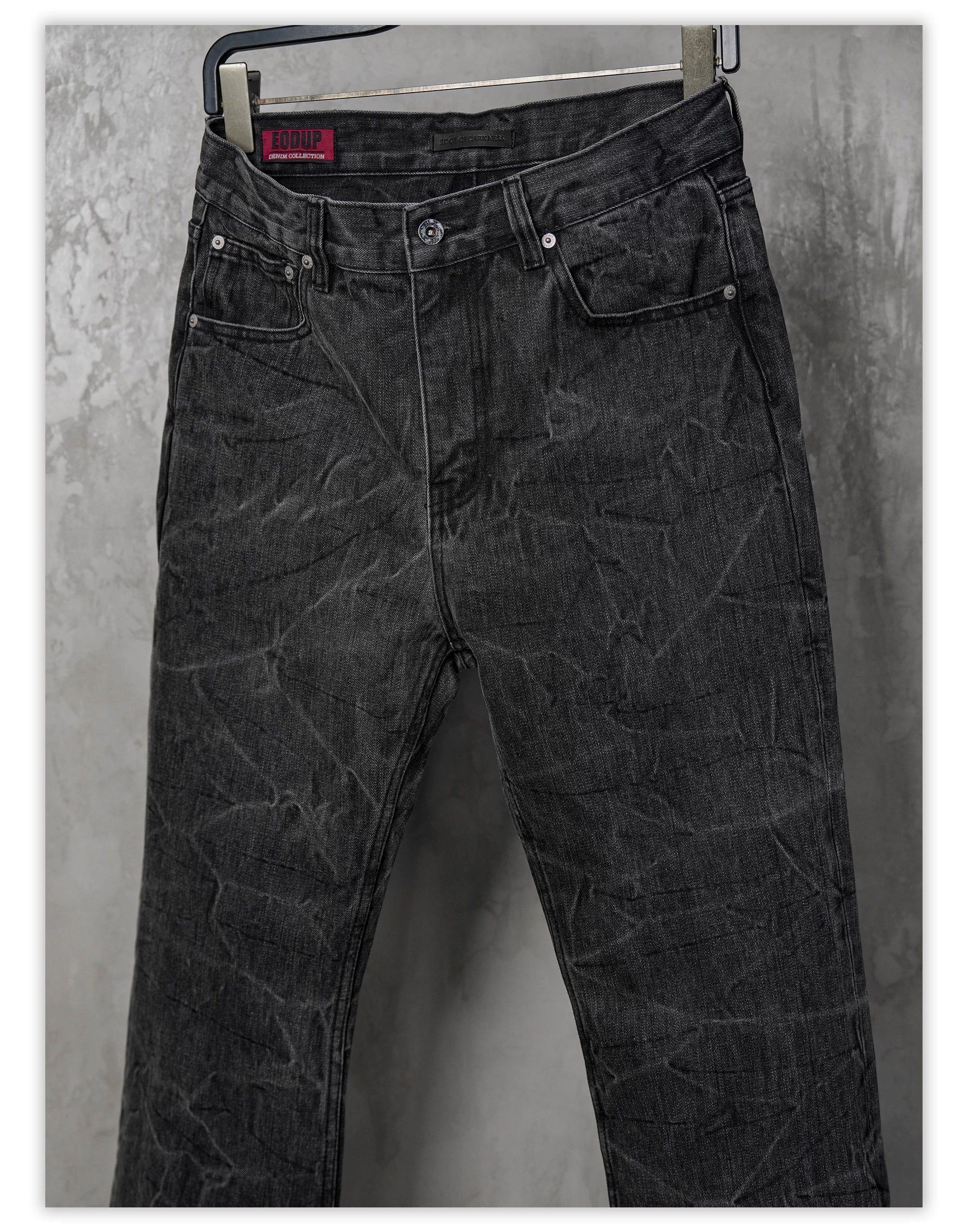 Distressed Washed Black Slub Straight Jeans