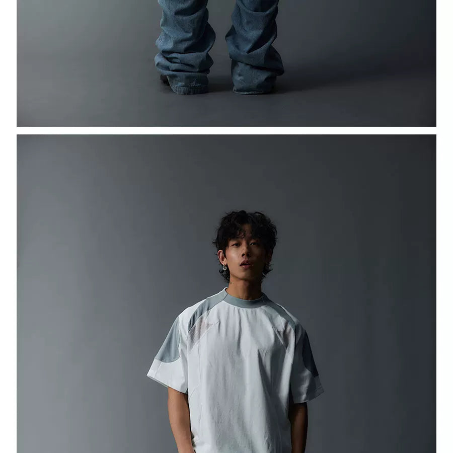 Two-Tone Washed Mesh Patchwork Tee