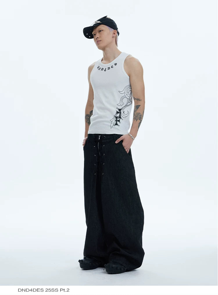 Fitted Cross Print Ribbed Tank Tops
