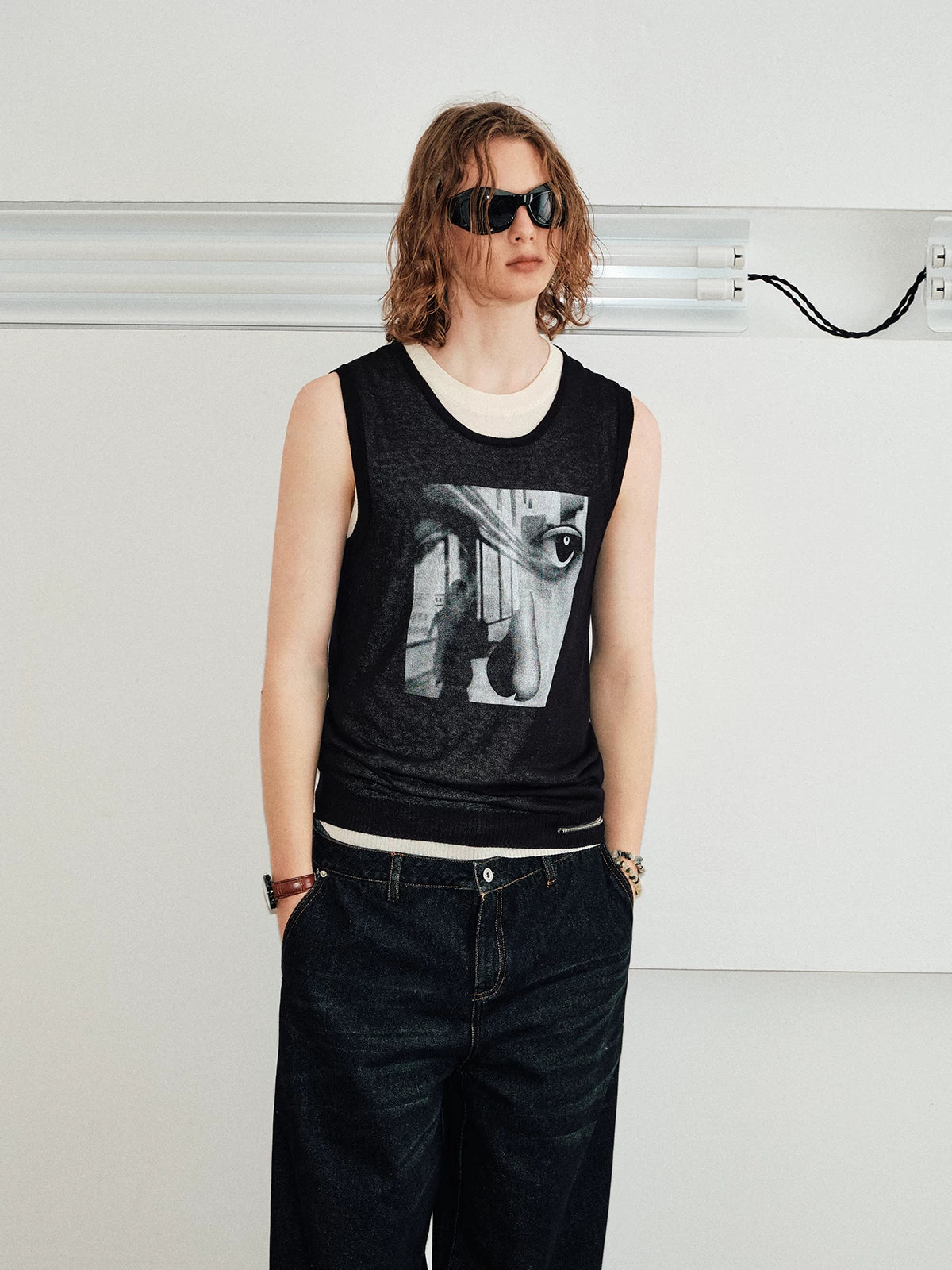 Men's Sleeveless Printed Linen-like Zip Vest