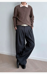 Brushed Velvet Pleated Loose Straight Pants