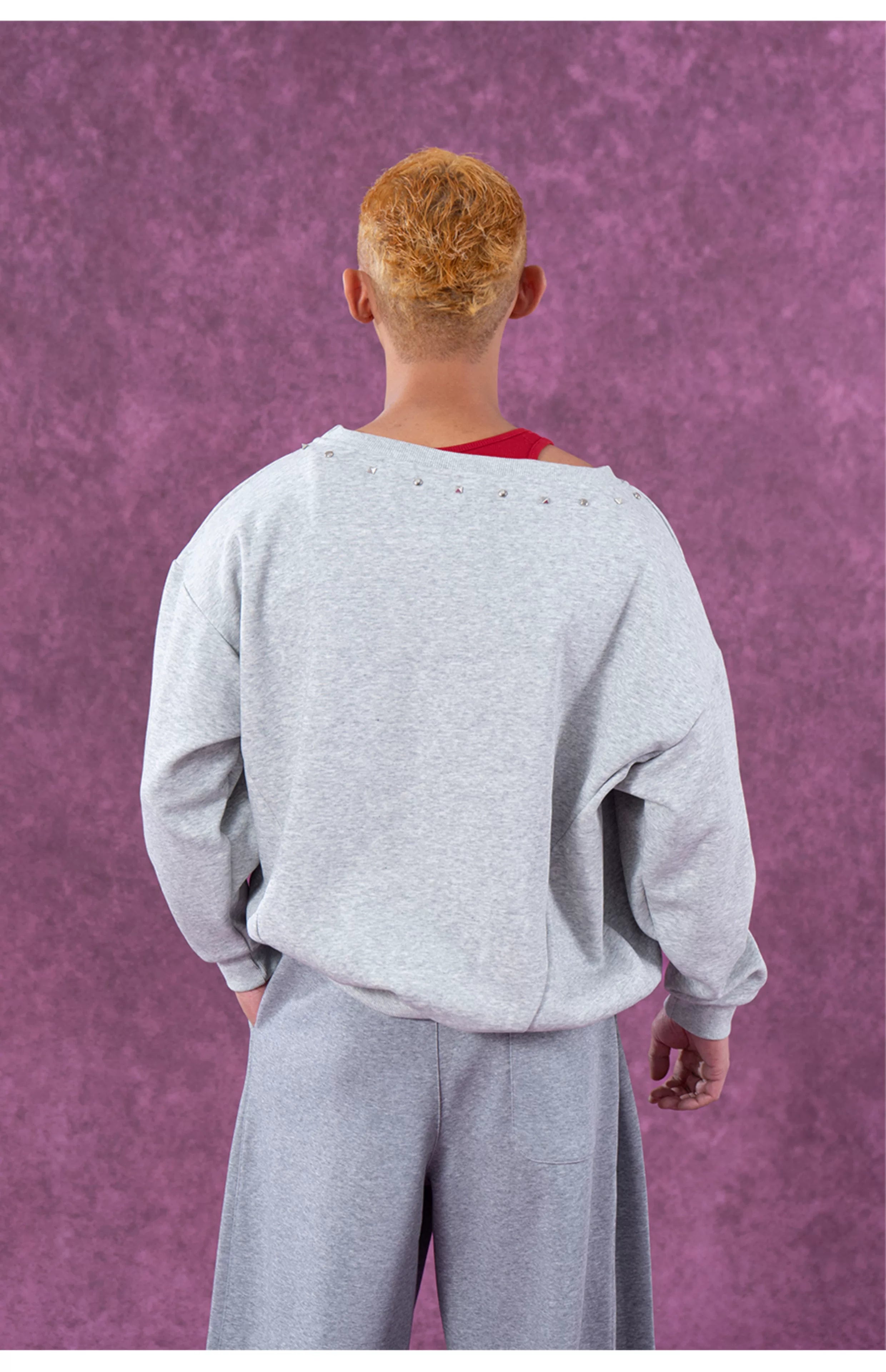 Men's Grey Red Patched Rivet Hoodies