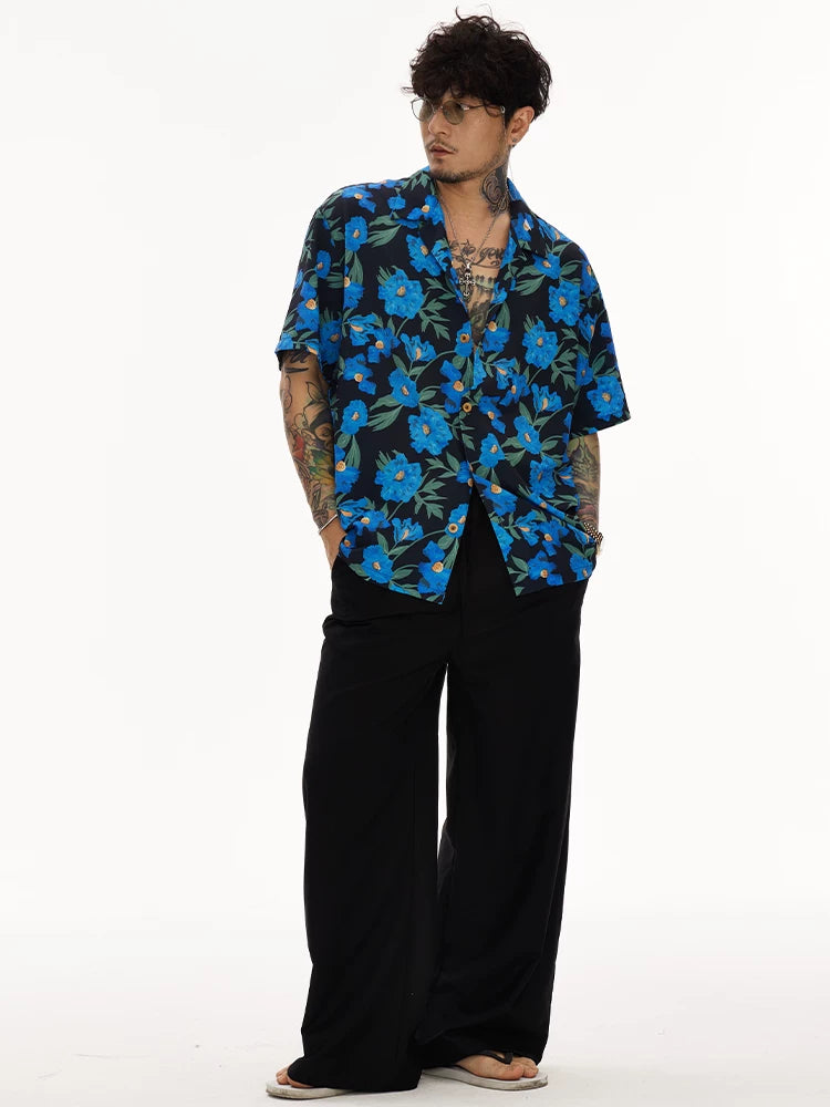 Blue Short Sleeve Cuban Collar Shirts