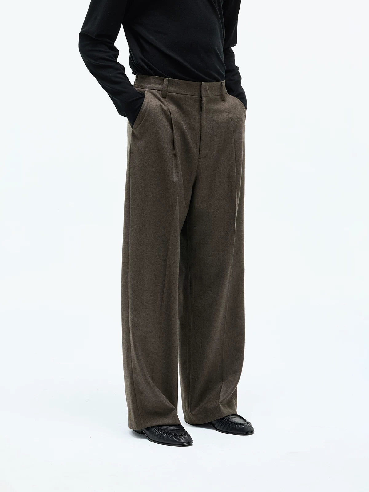 Merino Wool Casual Pleated Straight Pants