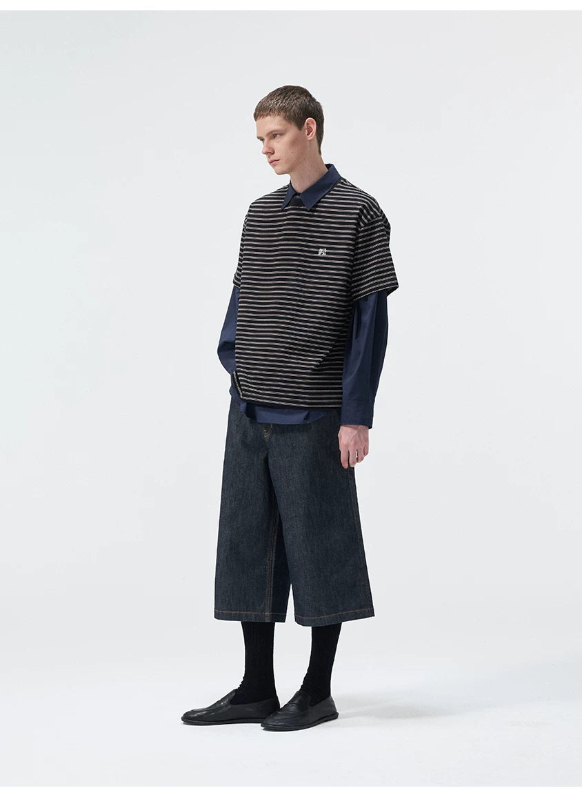 Short Sleeve Striped Embroidered Cotton Tee