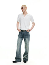 Casual Slub Distressed Flared Denim Pants