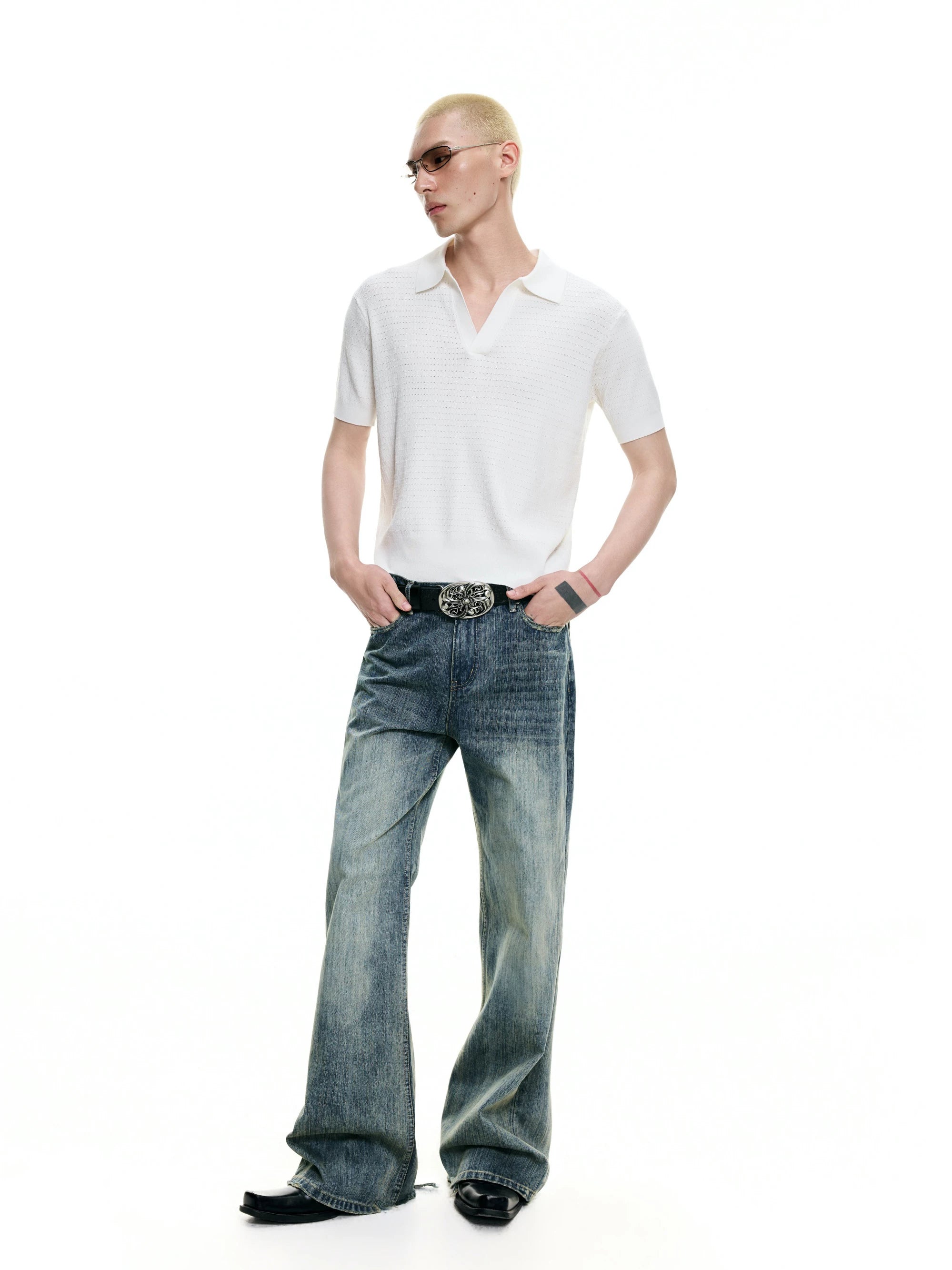 Casual Slub Distressed Flared Denim Pants