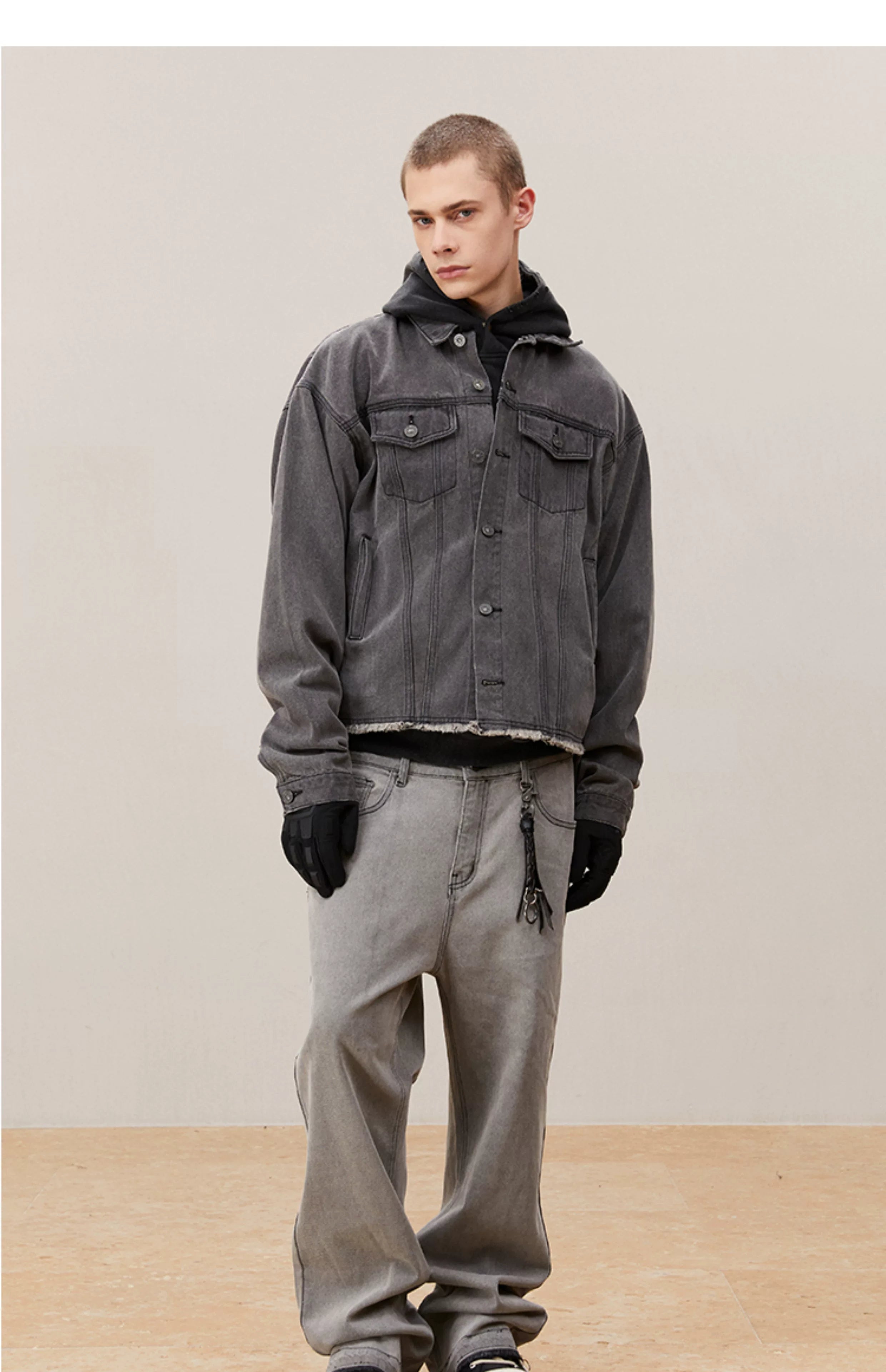 Men's Washed Frayed Collared Denim Jacket