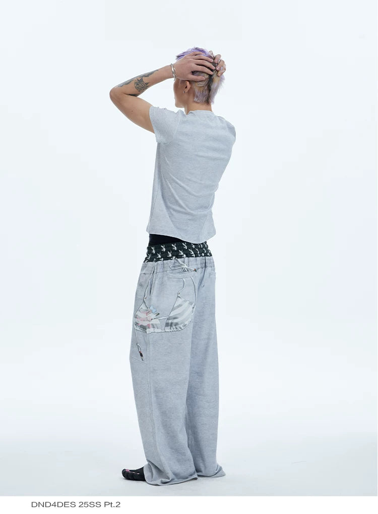 Flared Digital Print Double Waistband Sweatpants