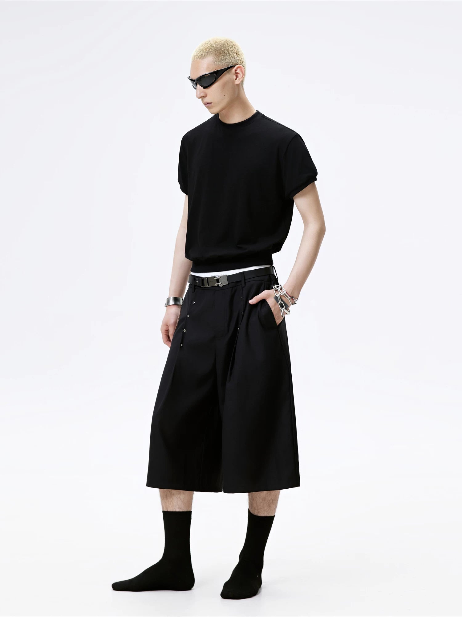 Metal Studded Pleated Wide Leg Shorts