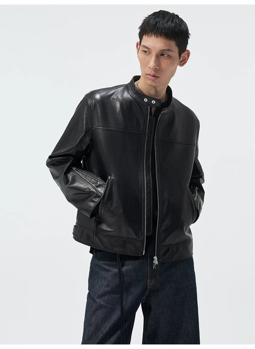 Short Stand Collar Cowhide Leather Jacket