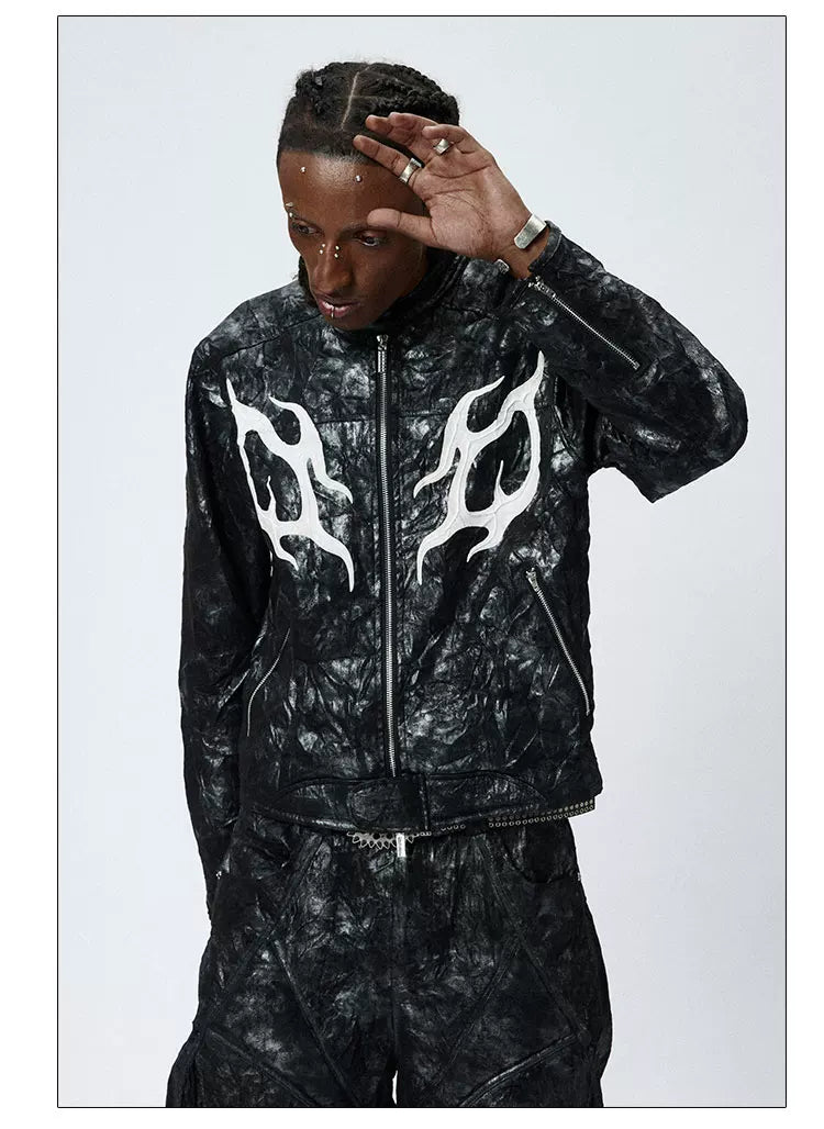 American Printed Pleated Leather Biker Jacket