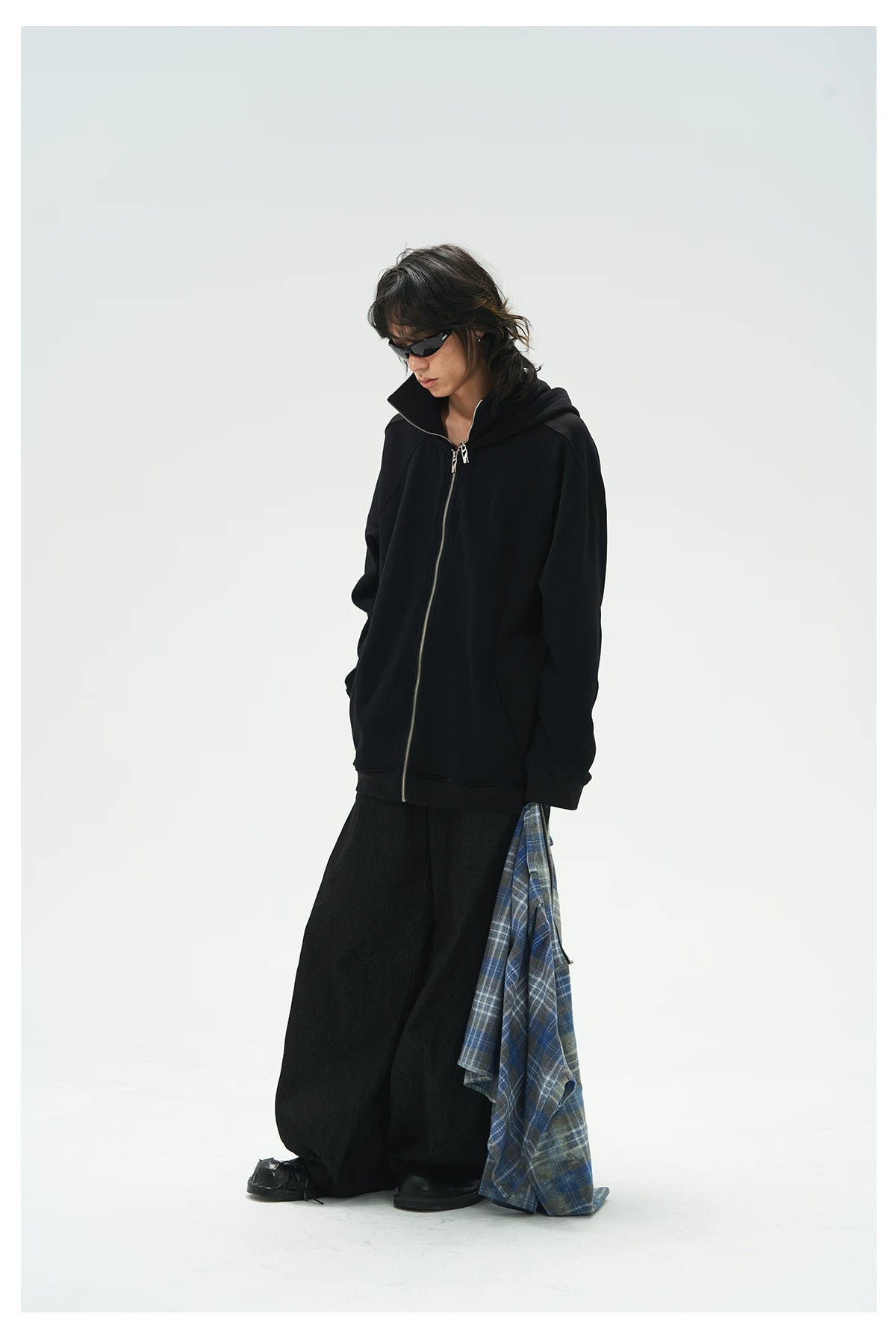 Washed Distressed Detachable Plaid Jeans