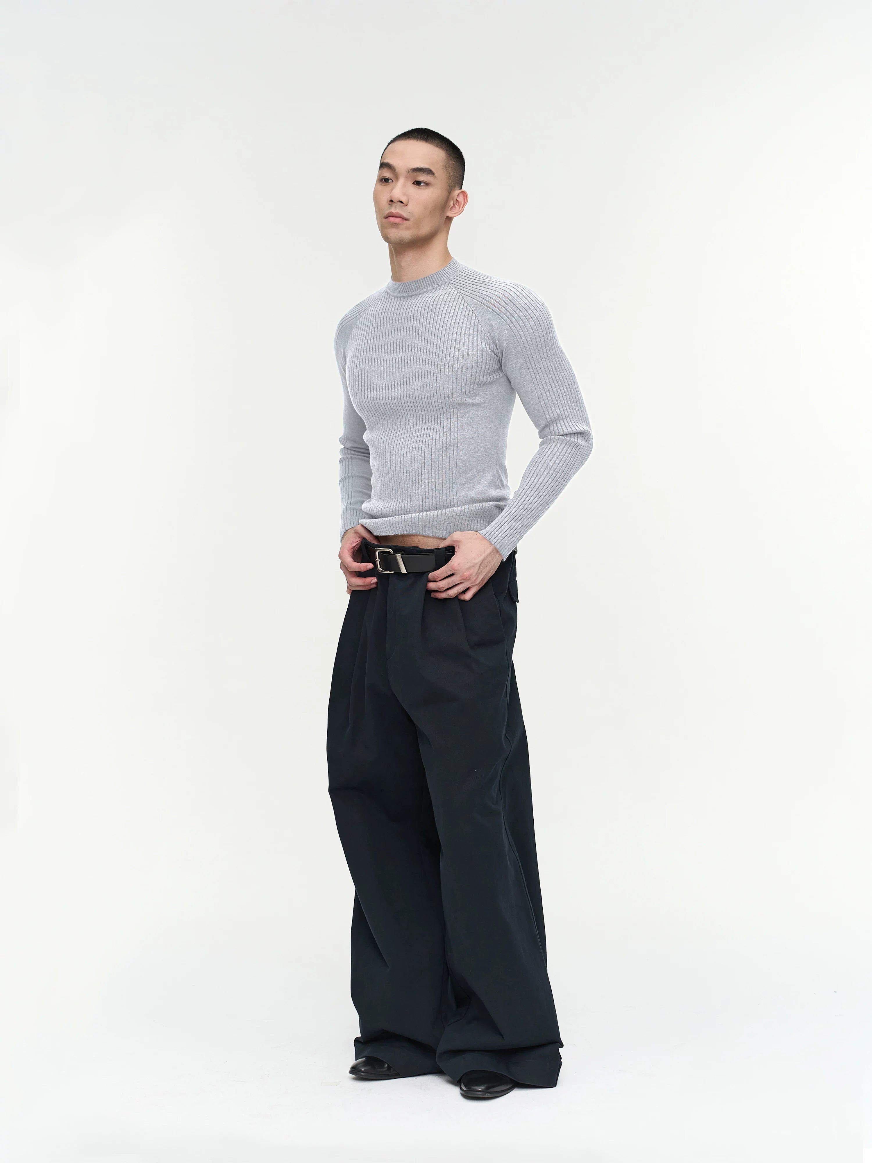 Slim Fit Ribbed Knit Long Sleeve Tops